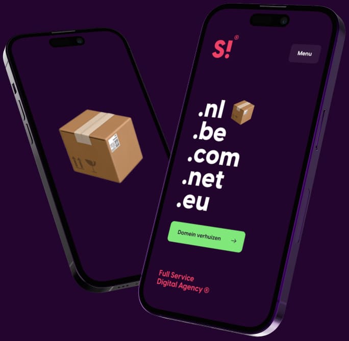 Mock-up met twee mobieltjes om je domeinnaam te verhuizen met een overzicht van domeinextensies en een verhuisdoos