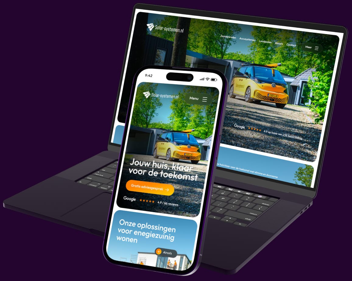 Mock-up van desktop en mobiel met een voorbeeldwebsite van wat je krijgt als je een website laten maken door Scrolla!