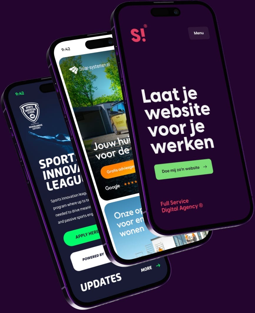 Mock-up van meerdere voorbeelden van mobiele websites met wat je kunt verwachten als je Scrolla! een website laat maken