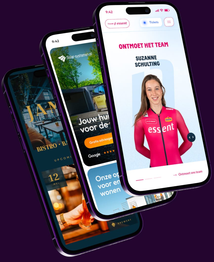 Waaier van mobiele mock-up met bedrijven die hun website laten maken door Scrolla